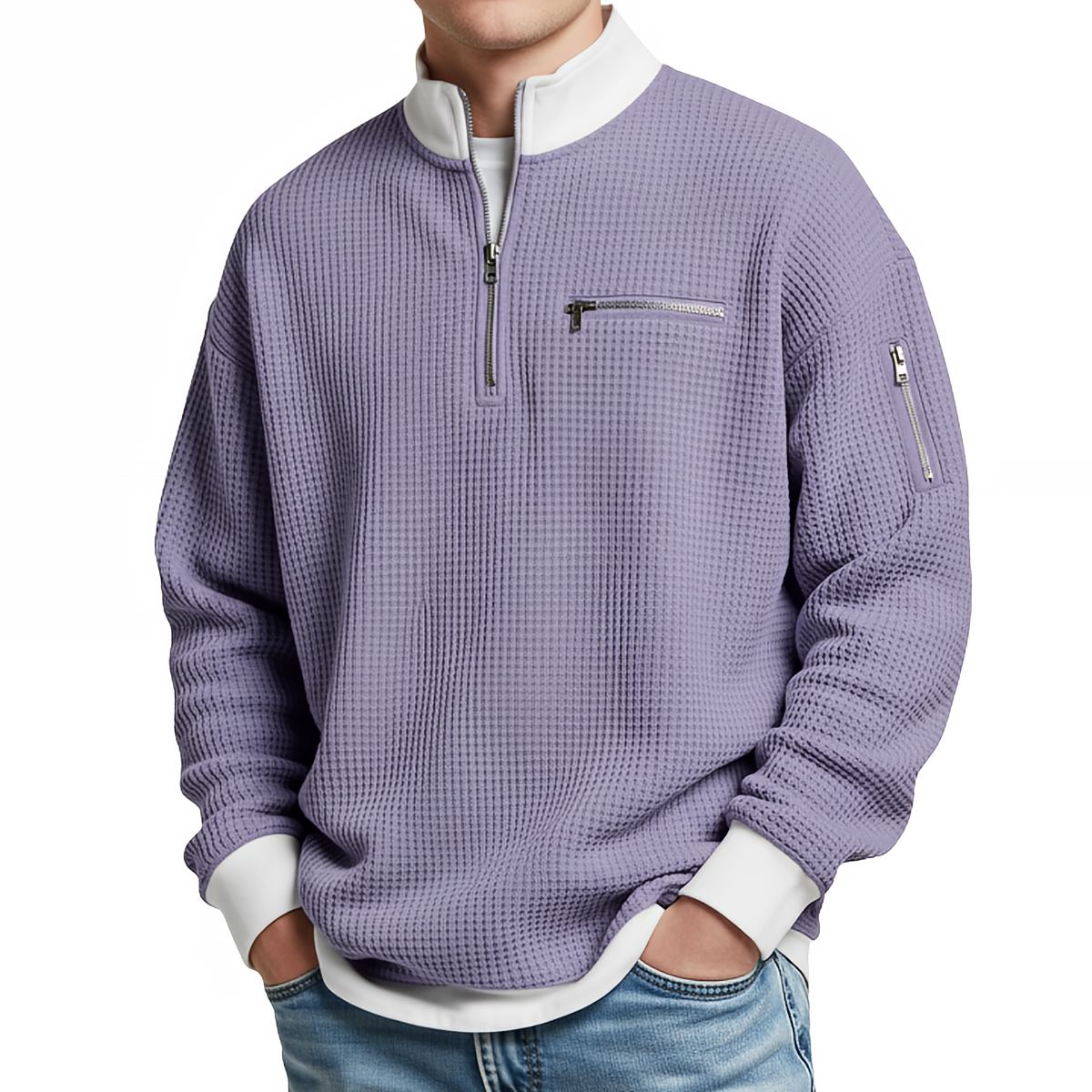 Men's Sweater | Waffle Knit Sweater with Half Zip