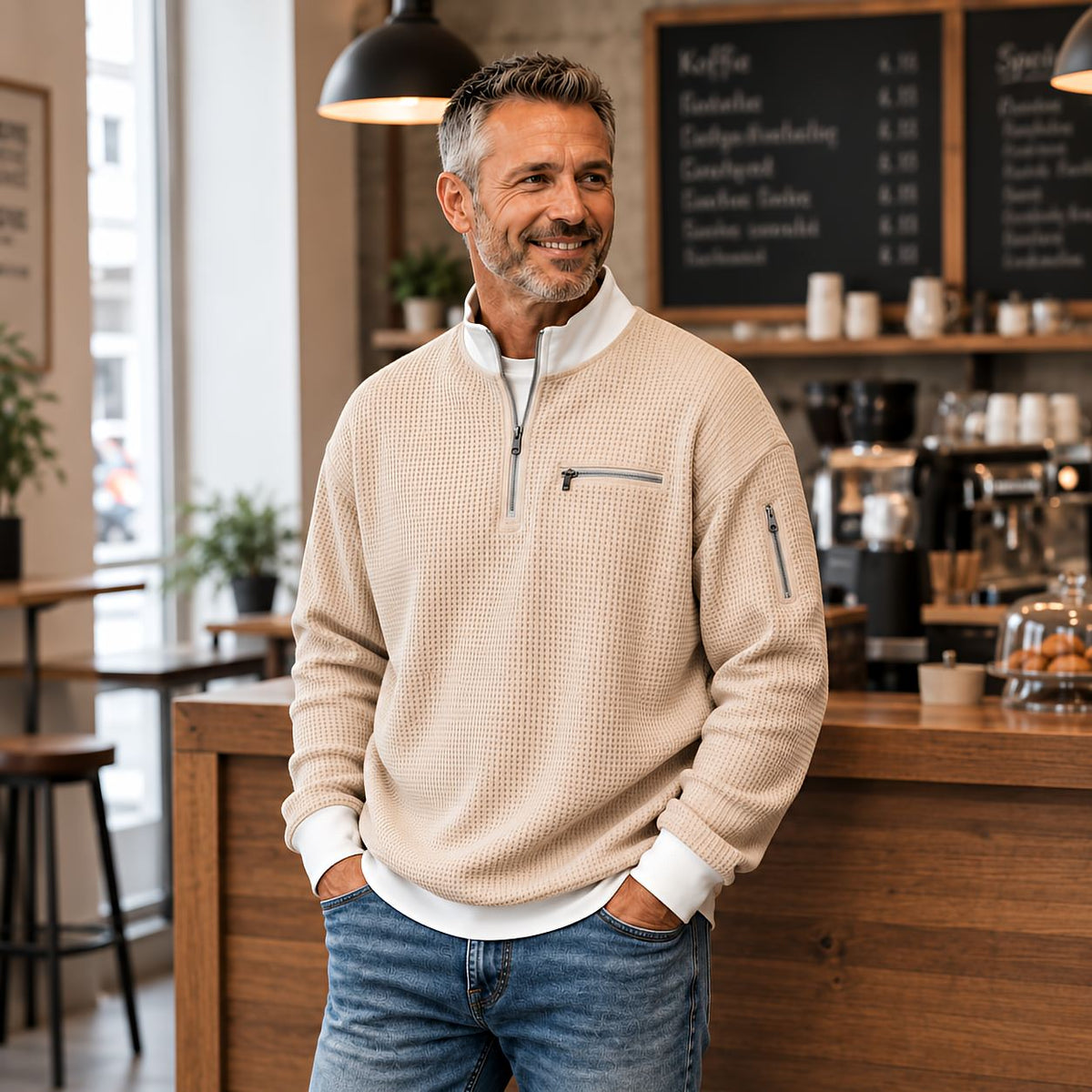 Men's Sweater | Waffle Knit Sweater with Half Zip