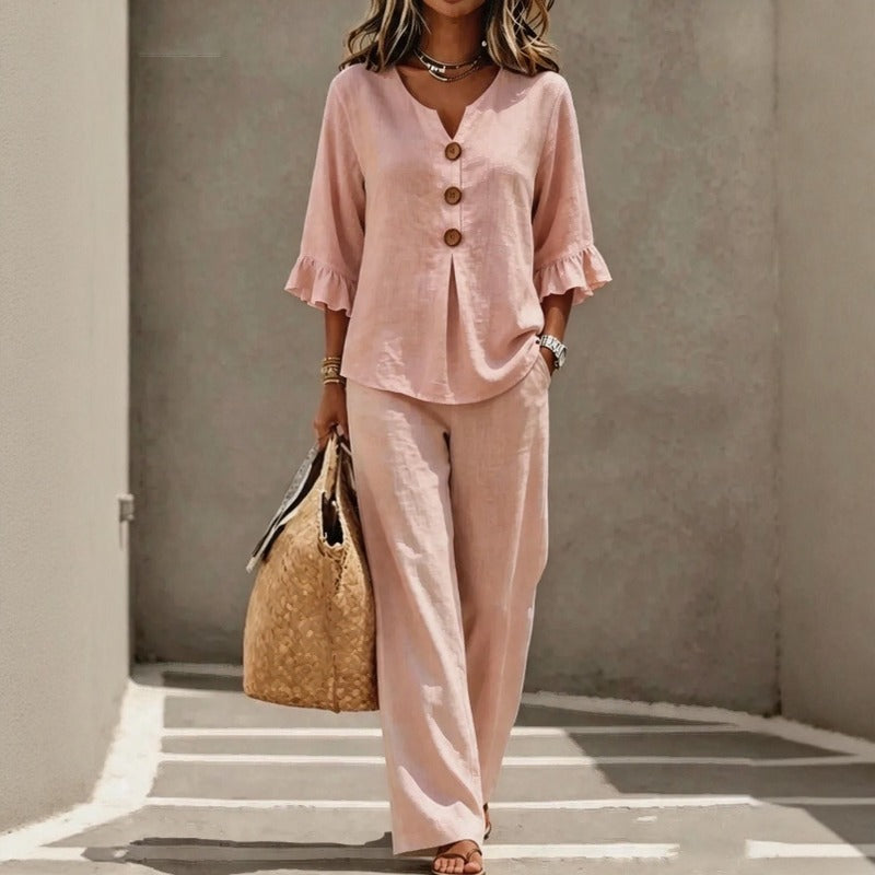 Cotton Linen Set with Button-Up Shirt, Ruffled Sleeves and Wide-Leg Trousers / Sophisticated Lightness for Hot Days
