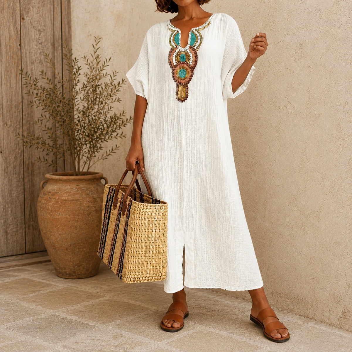 Cotton Linen Dress with Handcrafted Details and Loose Fit