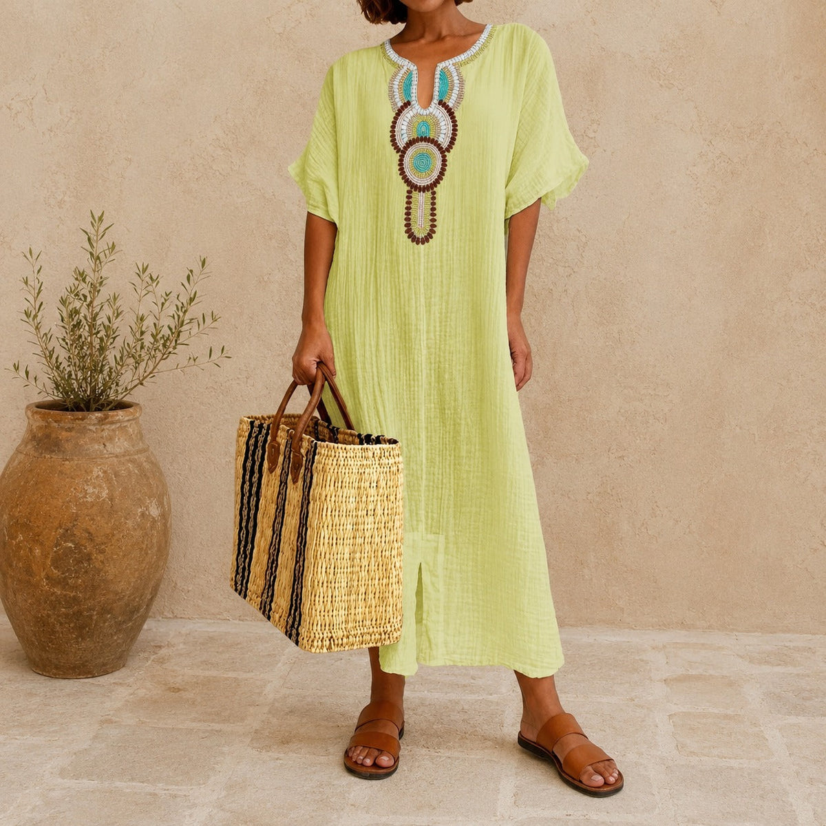 Cotton Linen Dress with Handcrafted Details and Loose Fit