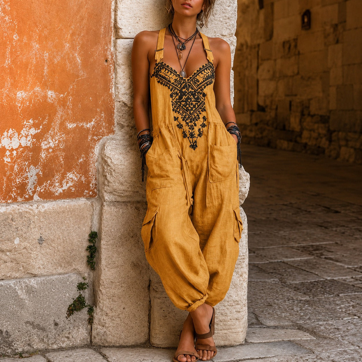 Jumpsuit with Ornamental Embroidery, V-Neck and Adjustable Straps