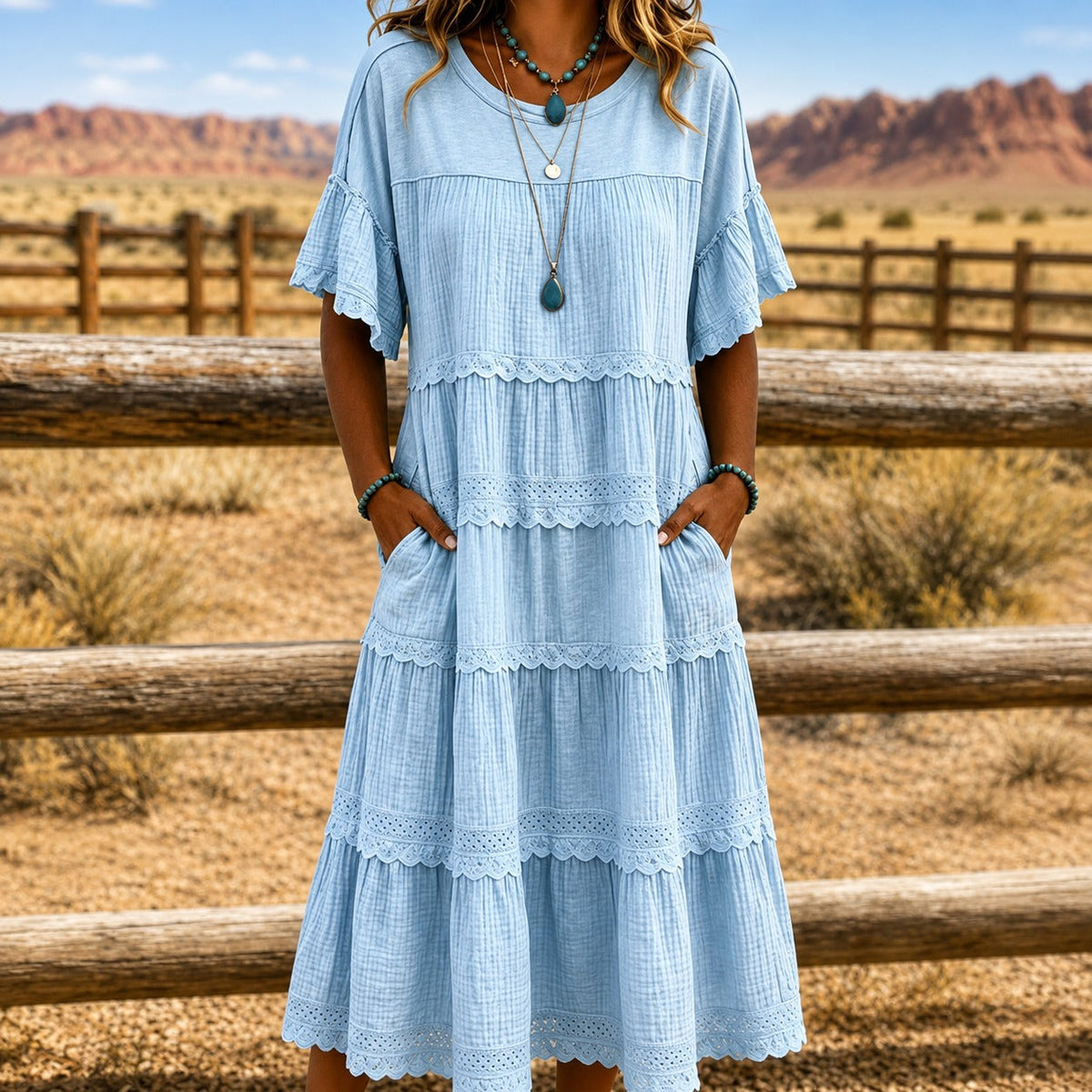 Layered Dress with Lace and Side Pockets