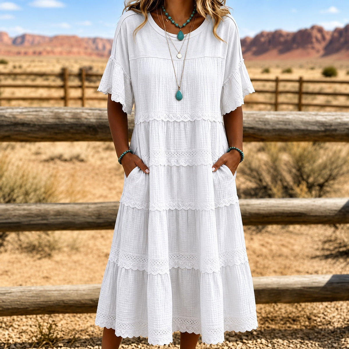 Layered Dress with Lace and Side Pockets