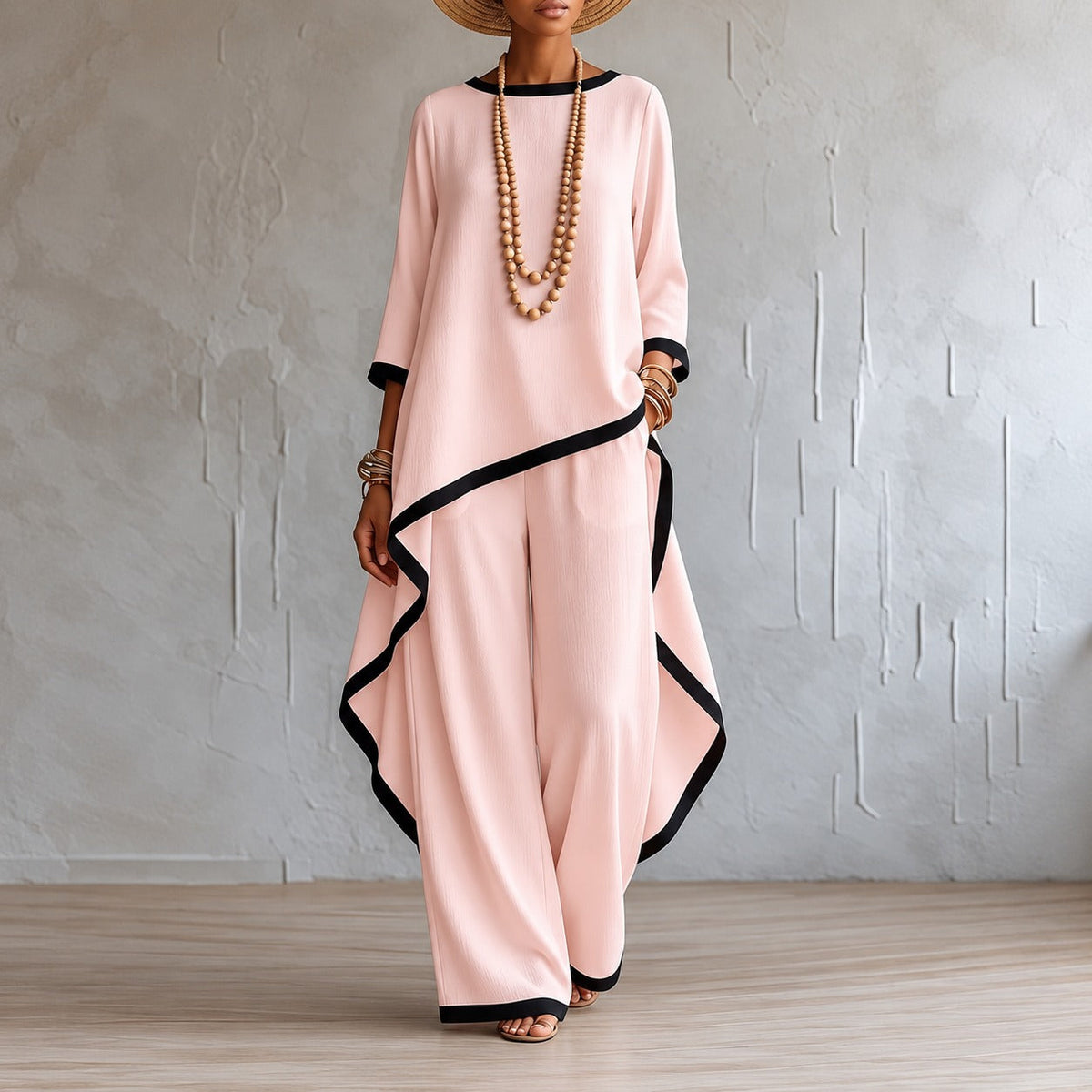 Set with Asymmetric Hem Top, Wide-Leg Trousers and Contrasting Details
