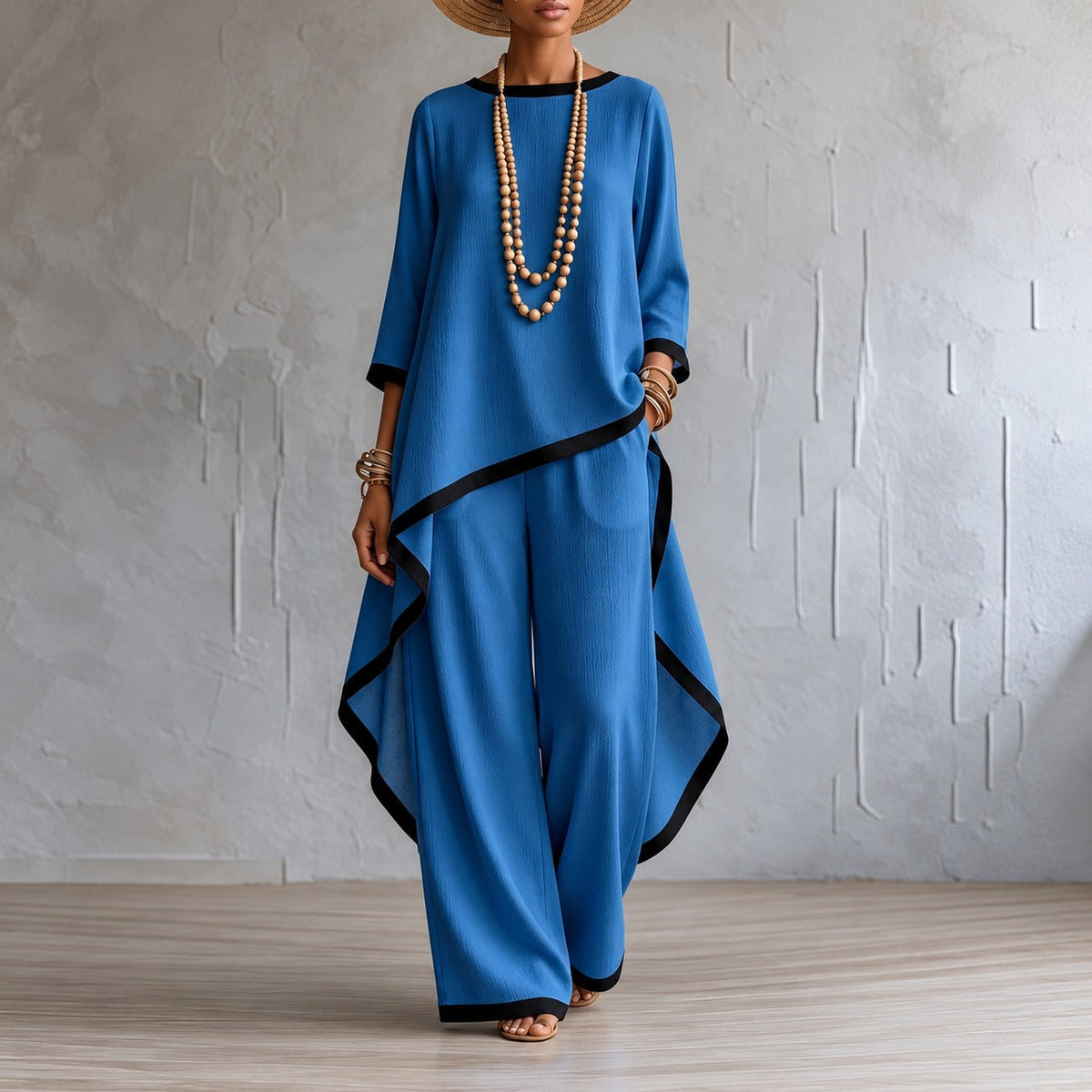 Set with Asymmetric Hem Top, Wide-Leg Trousers and Contrasting Details