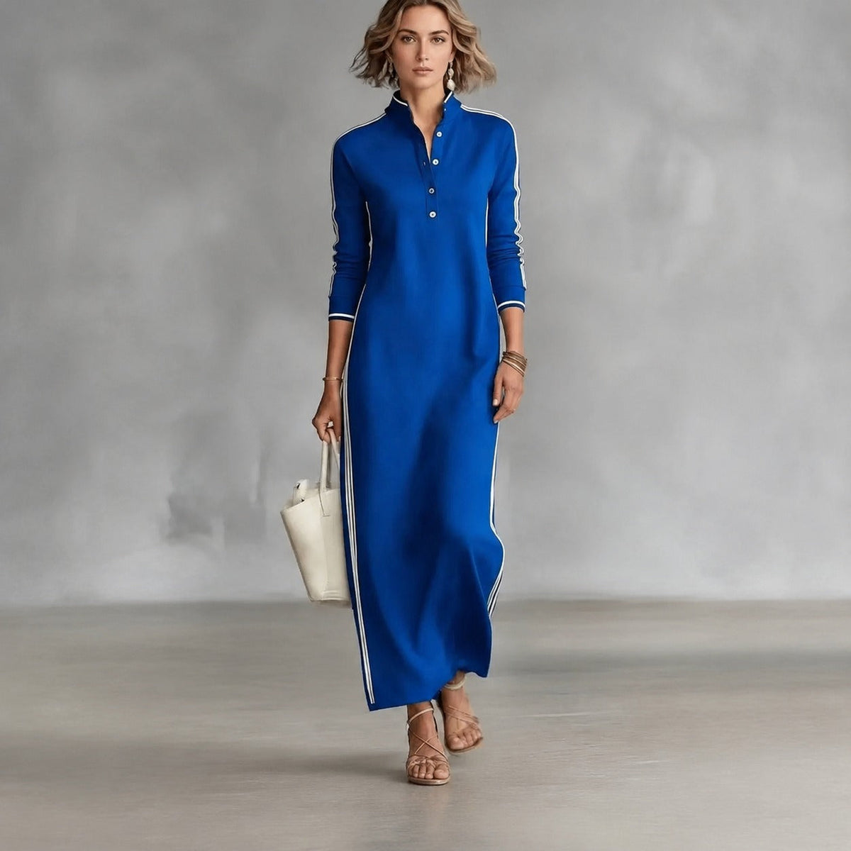 Polo Collar Dress with Side Stripes and Long Fit