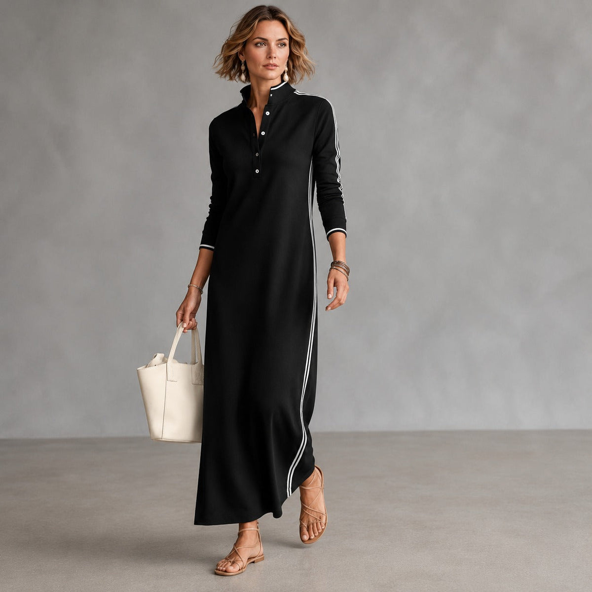 Polo Collar Dress with Side Stripes and Long Fit