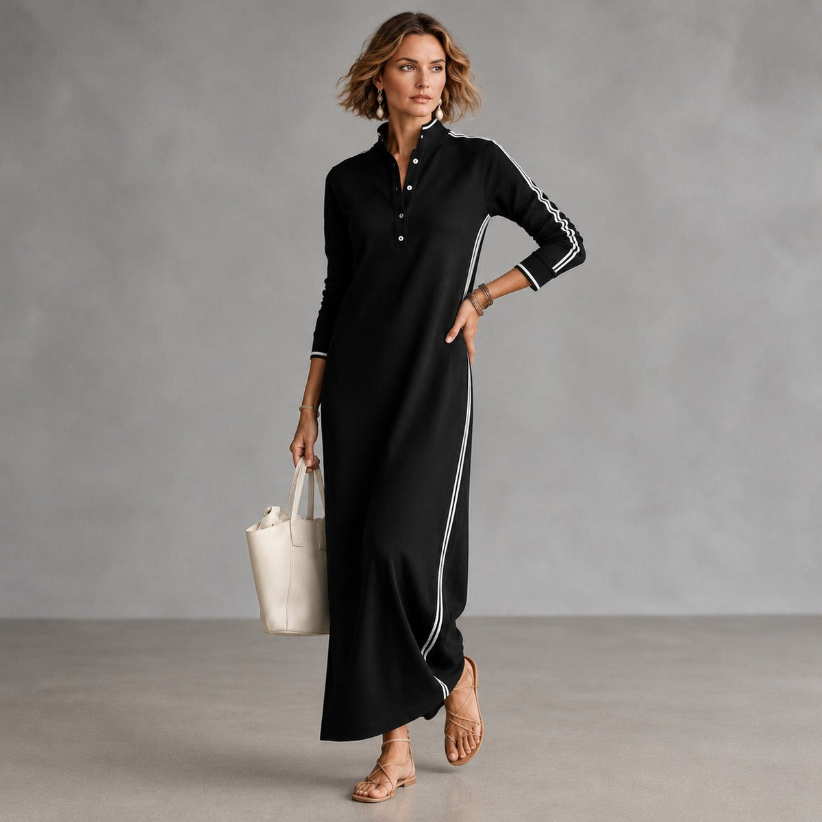 Polo Collar Dress with Side Stripes and Long Fit