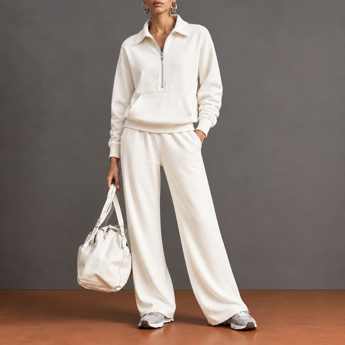 Set with Half-Zip Top, Kangaroo Pocket and Wide-Leg Pants