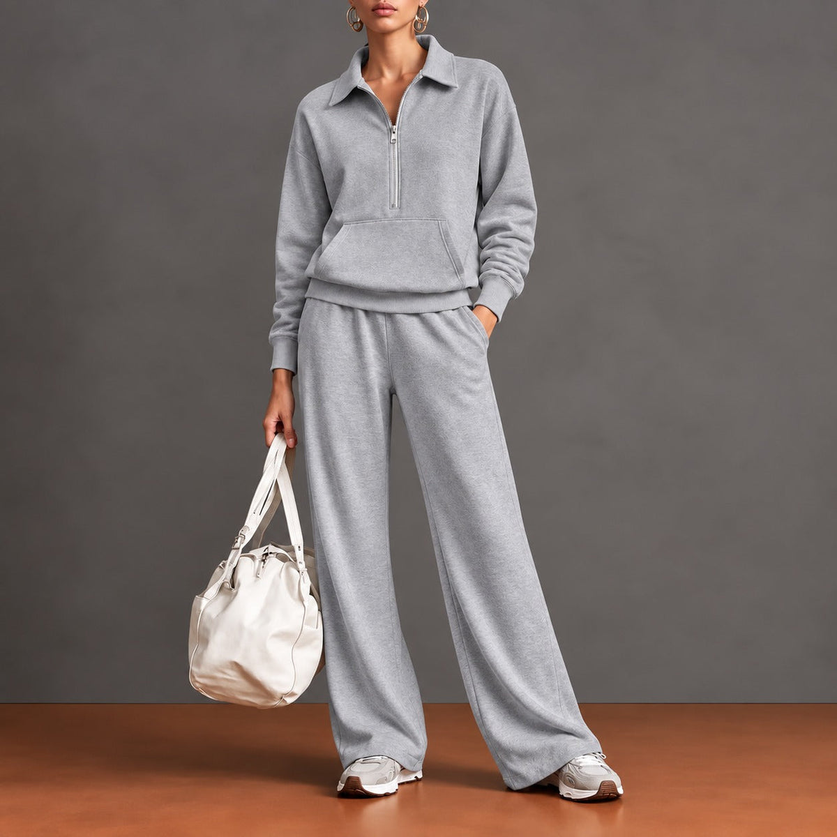 Set with Half-Zip Top, Kangaroo Pocket and Wide-Leg Pants