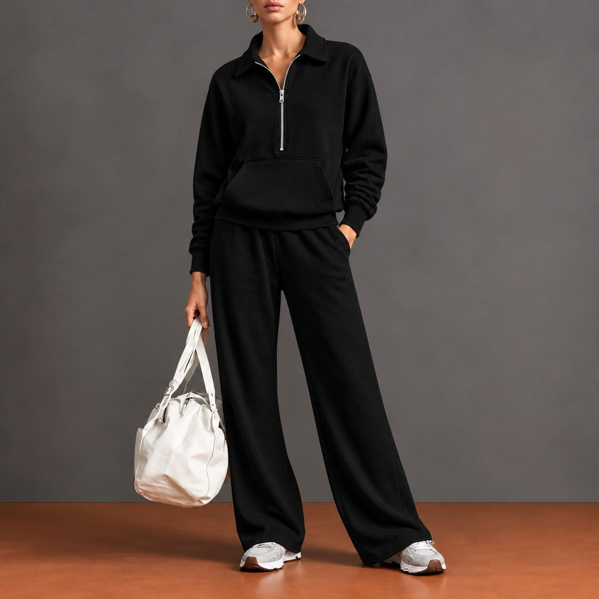 Set with Half-Zip Top, Kangaroo Pocket and Wide-Leg Pants
