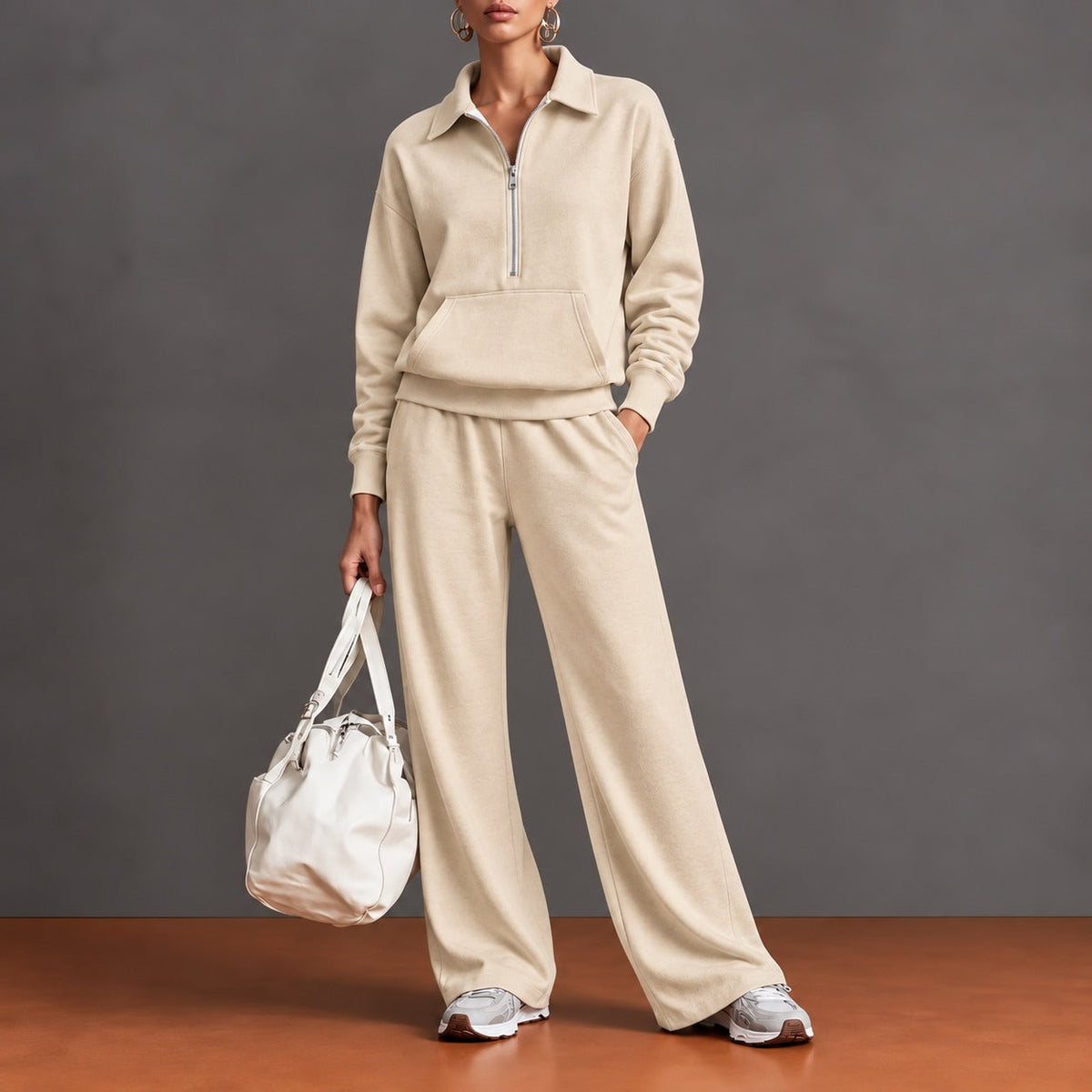 Set with Half-Zip Top, Kangaroo Pocket and Wide-Leg Pants