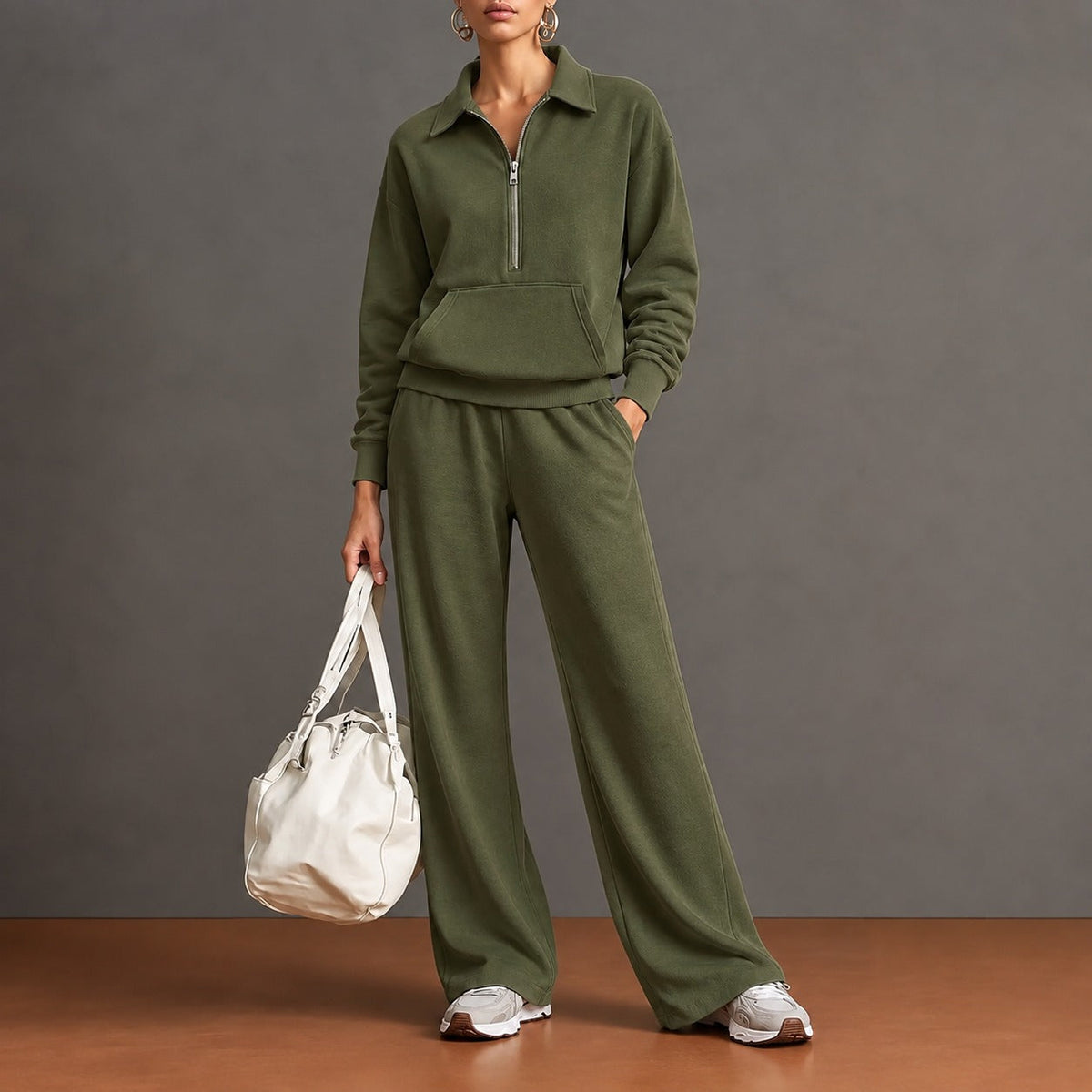 Set with Half-Zip Top, Kangaroo Pocket and Wide-Leg Pants
