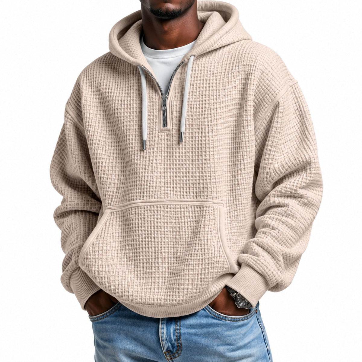 Waffle Texture Hoodie with Half Zip