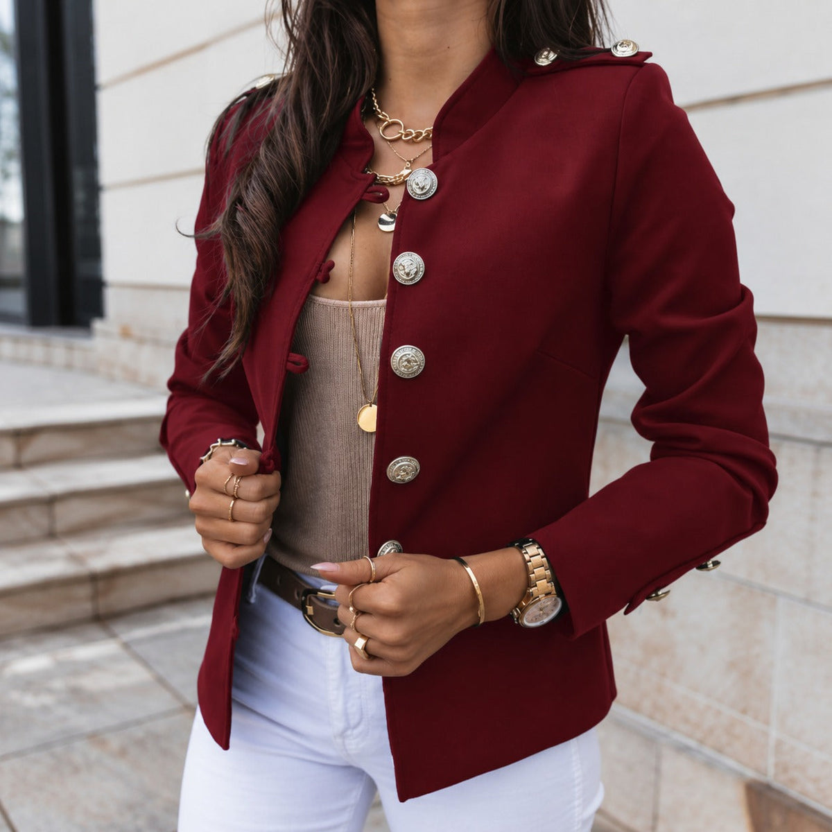 Jacket with Structured Collar, Front Button Closure and Shoulder Details