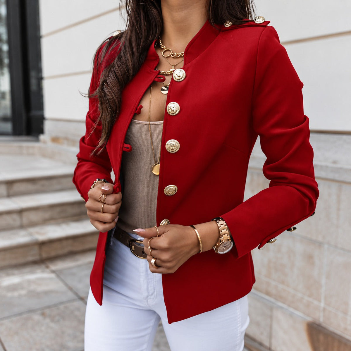 Jacket with Structured Collar, Front Button Closure and Shoulder Details