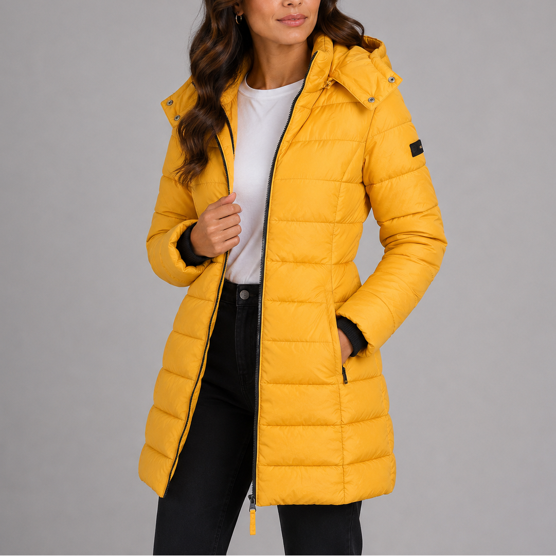 Women's Longline Hooded Puffer Coat with Quilted Finish and Full Zip