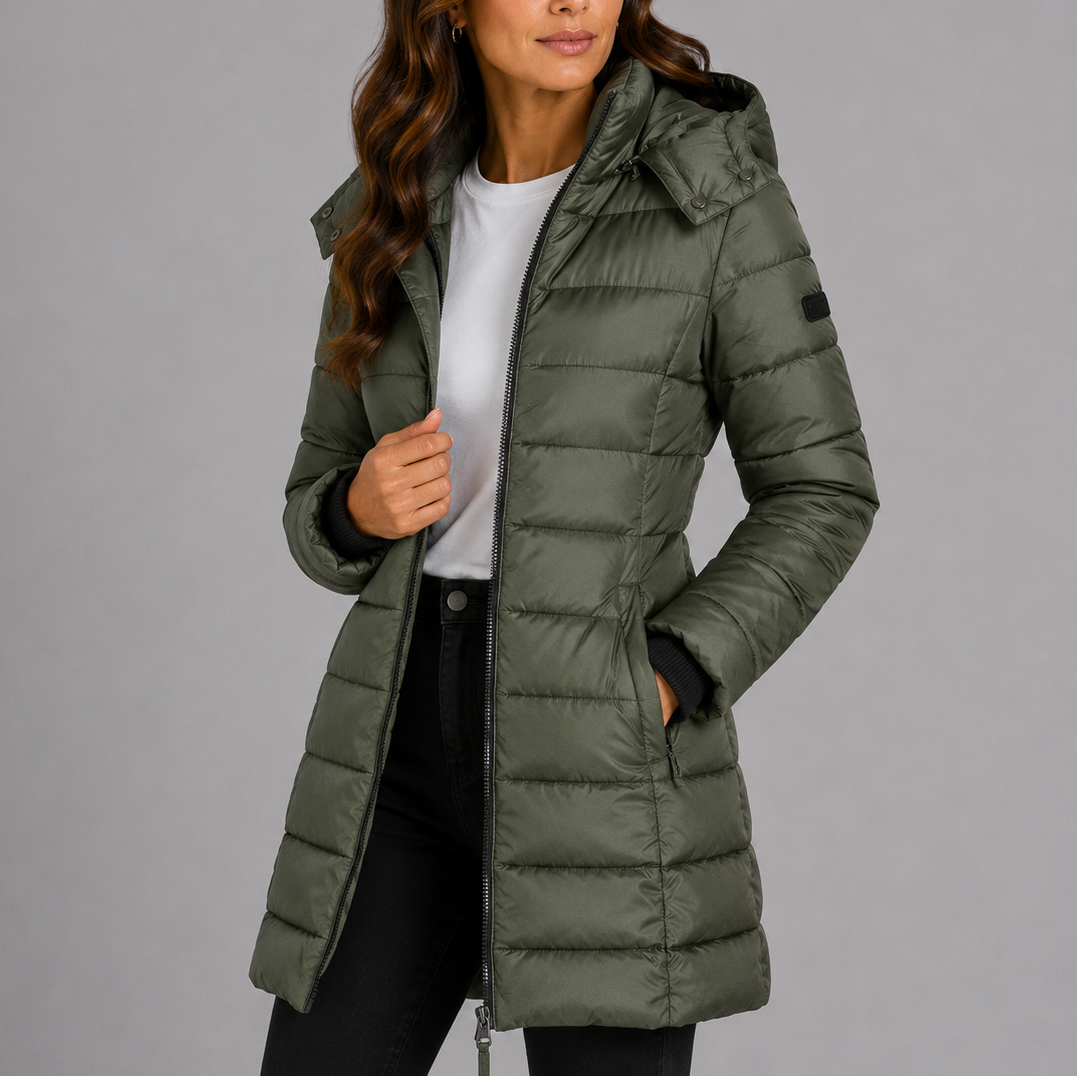 Women's Longline Hooded Puffer Coat with Quilted Finish and Full Zip