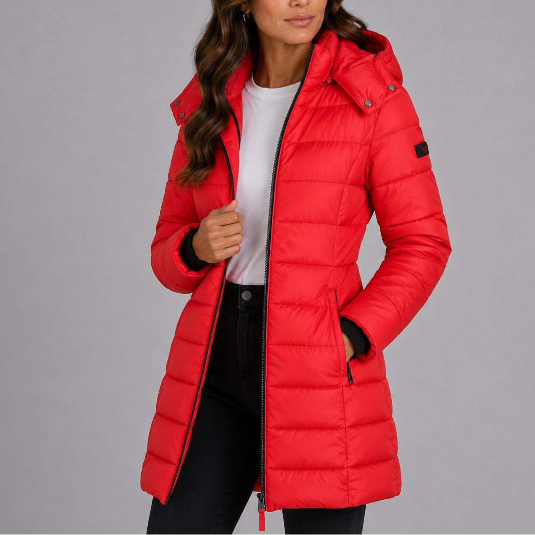Women's Longline Hooded Puffer Coat with Quilted Finish and Full Zip