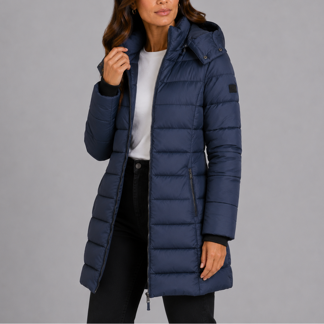 Women's Longline Hooded Puffer Coat with Quilted Finish and Full Zip
