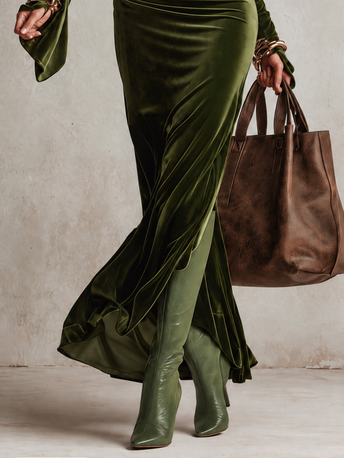 Olive Green Velvet Asymmetrical Off-Shoulder Turtleneck Ruched Maxi Dress