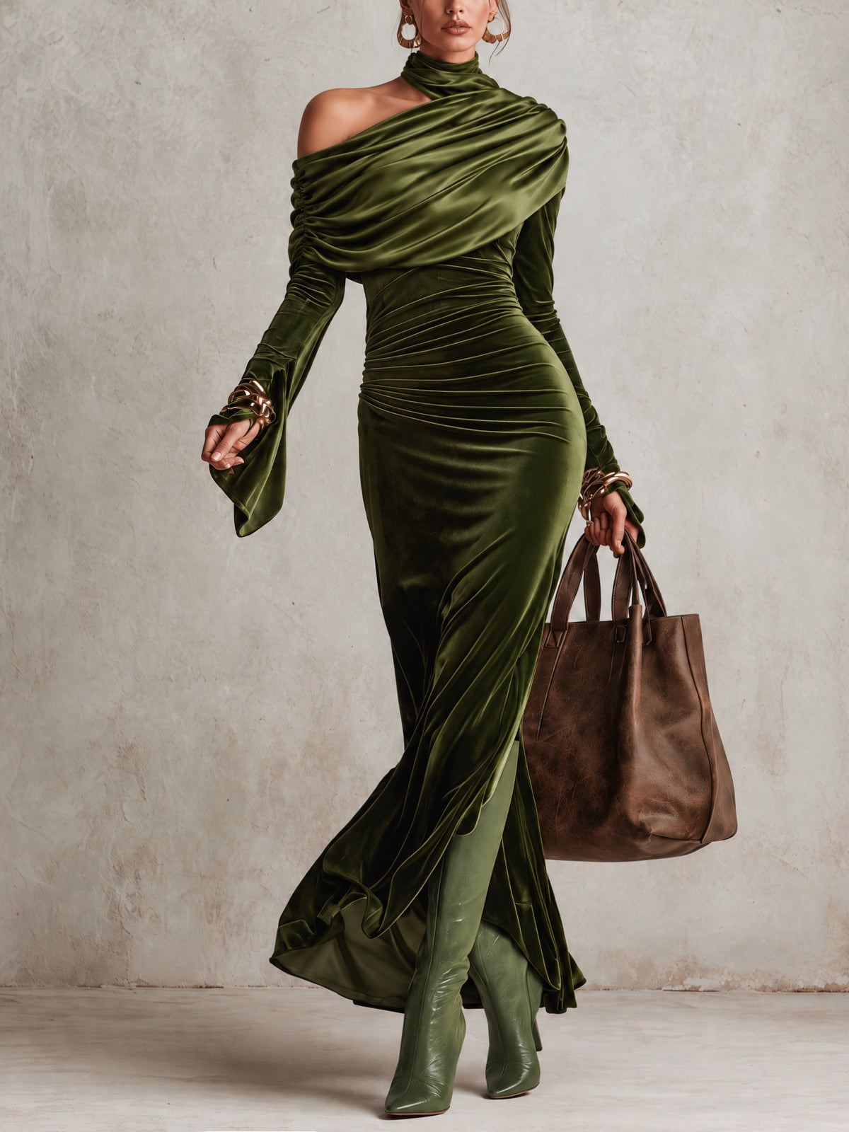 Olive Green Velvet Asymmetrical Off-Shoulder Turtleneck Ruched Maxi Dress