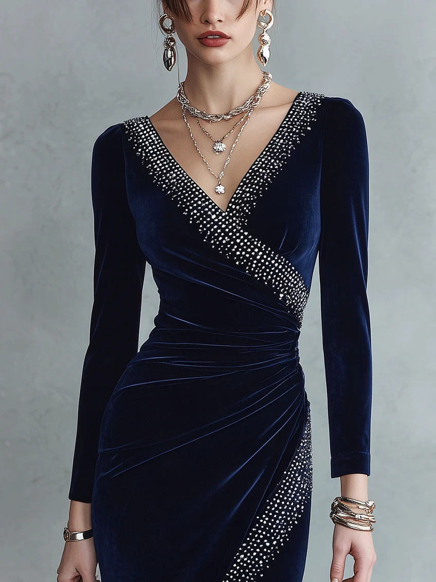 Navy Velvet Embellished Wrap Midi Dress
