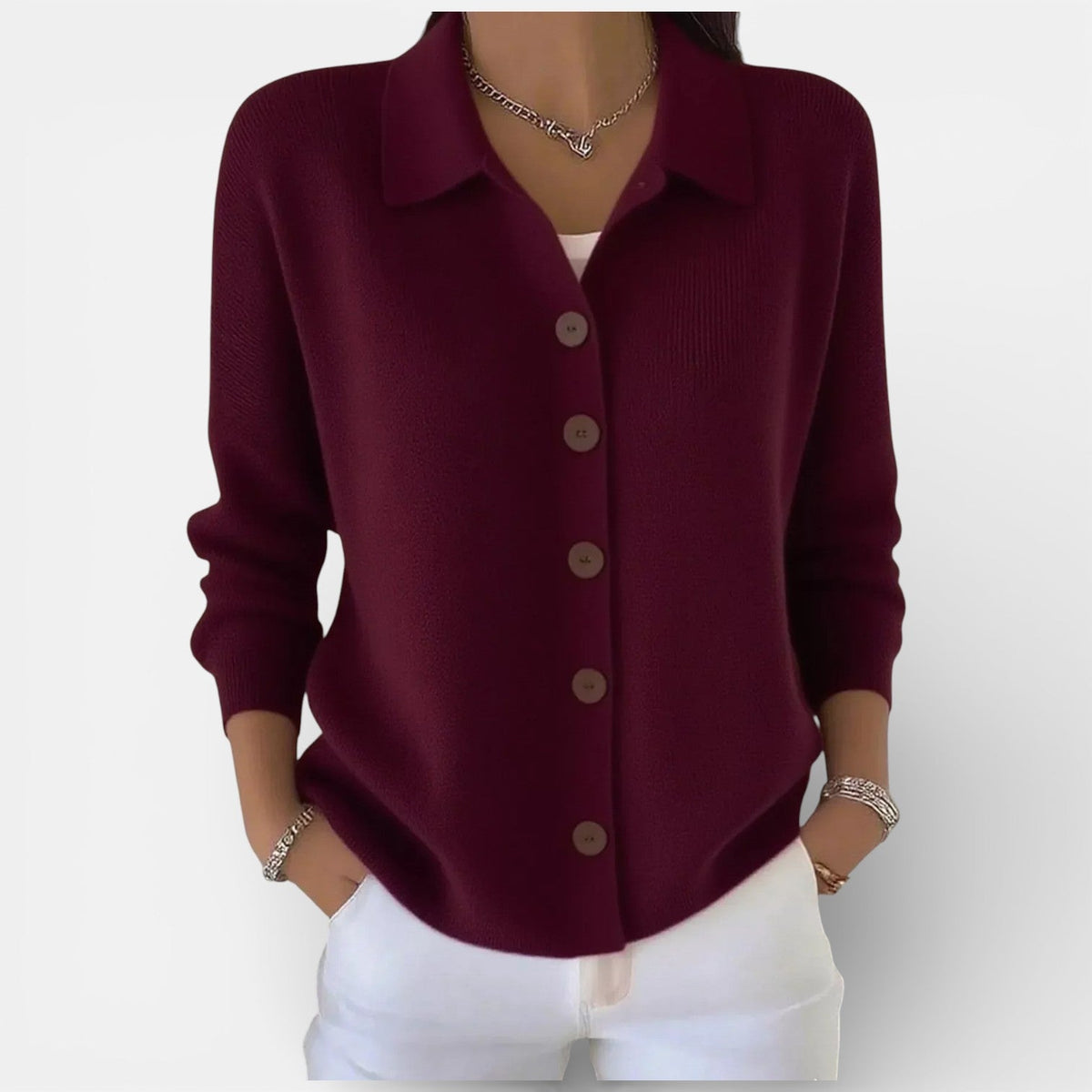 Knit Blouse with Polo Collar and Button Placket