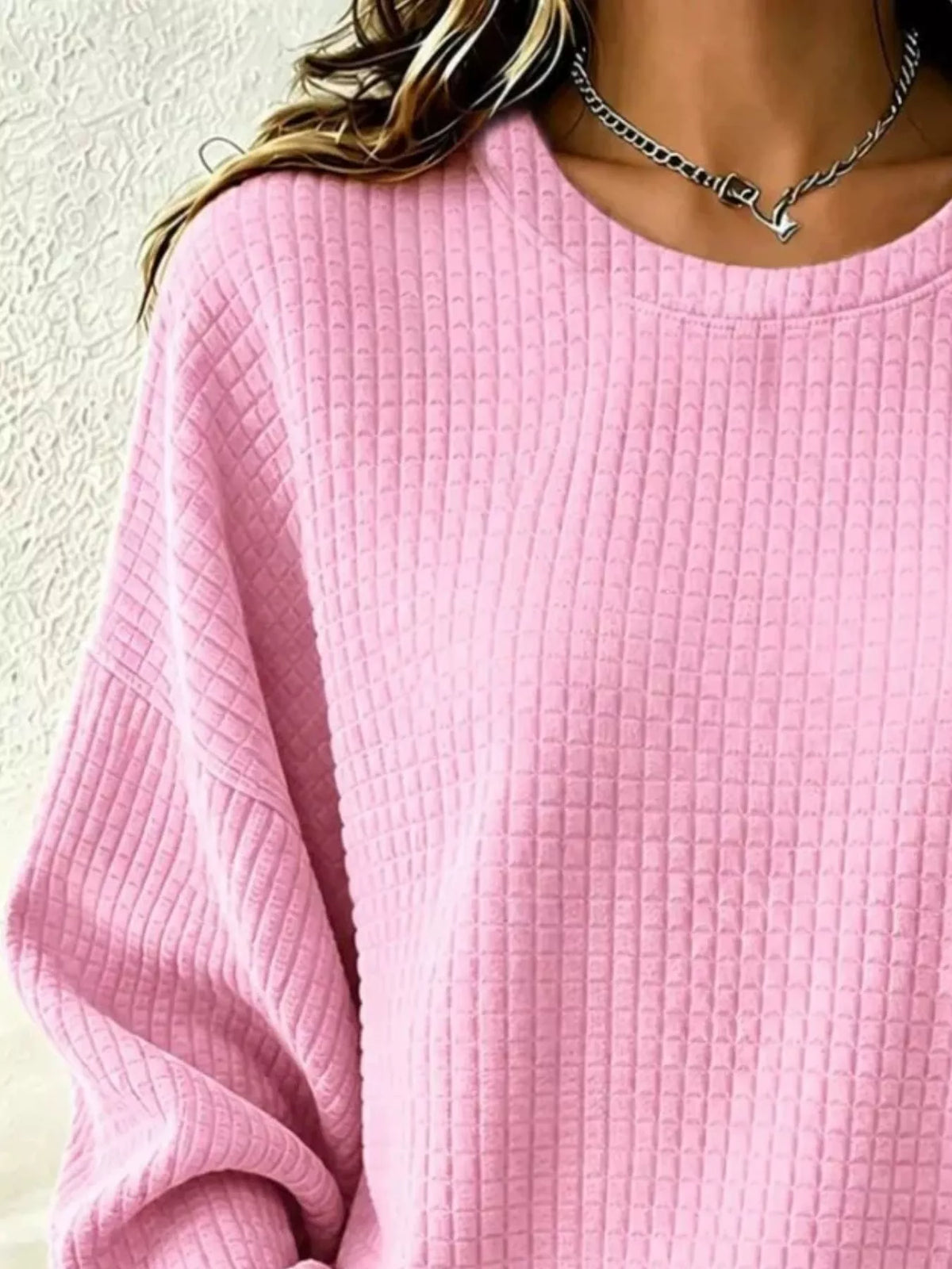 Full Size Waffle Knit Long Sleeve Crew Neck Sweatshirt Plus Size
