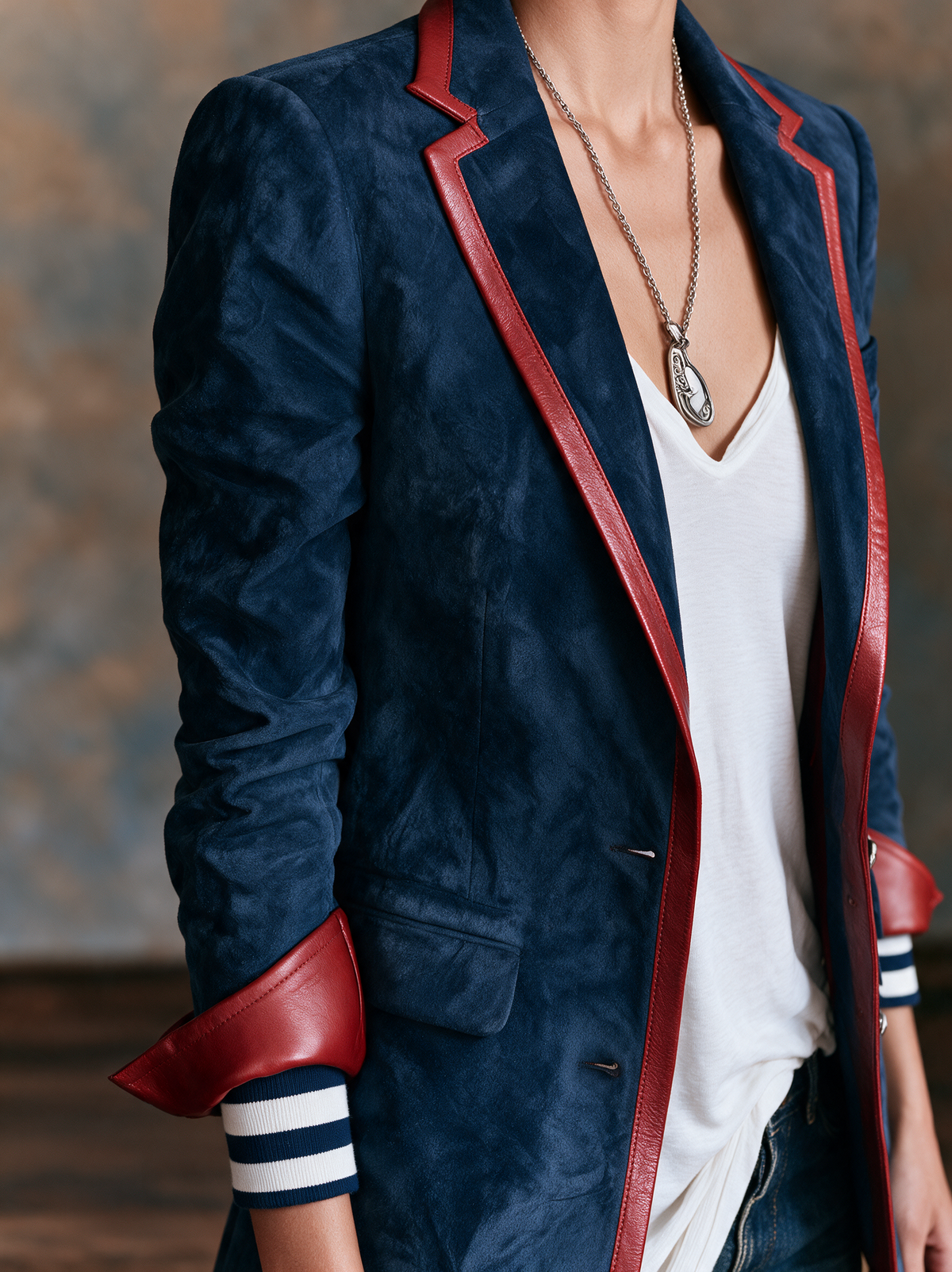 Women's Vintage-style Faux Suede Blazer With Red Leather Trim