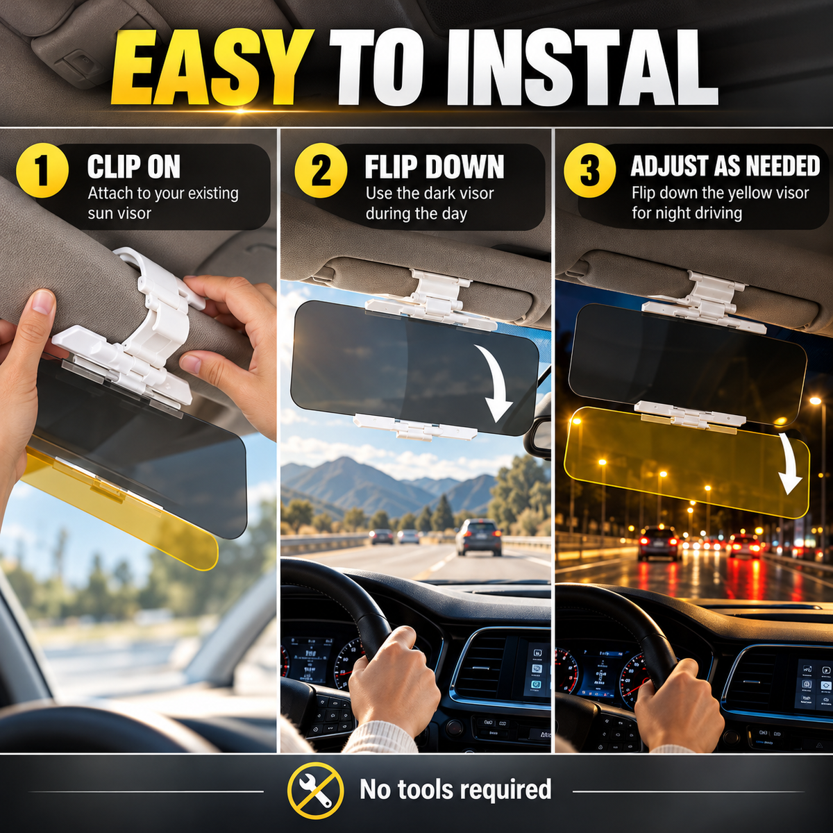 Universal HD Car Sun Visor with Anti-Glare Treatment, Day and Night Protection