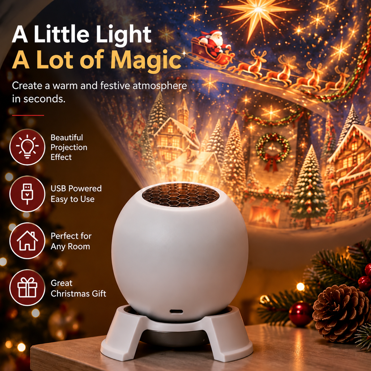 Christmas Projector Night Light - 360Β° Adjustable HD Holiday Pattern Ceiling Light Indoor Xmas Decoration Lamp for Kids Bedroom, Party & Holiday Gift