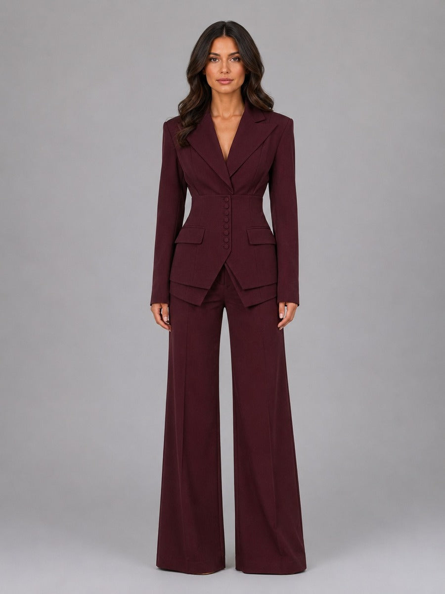 Two-Piece Suit with Nipped-Waist Blazer and Palazzo Trousers