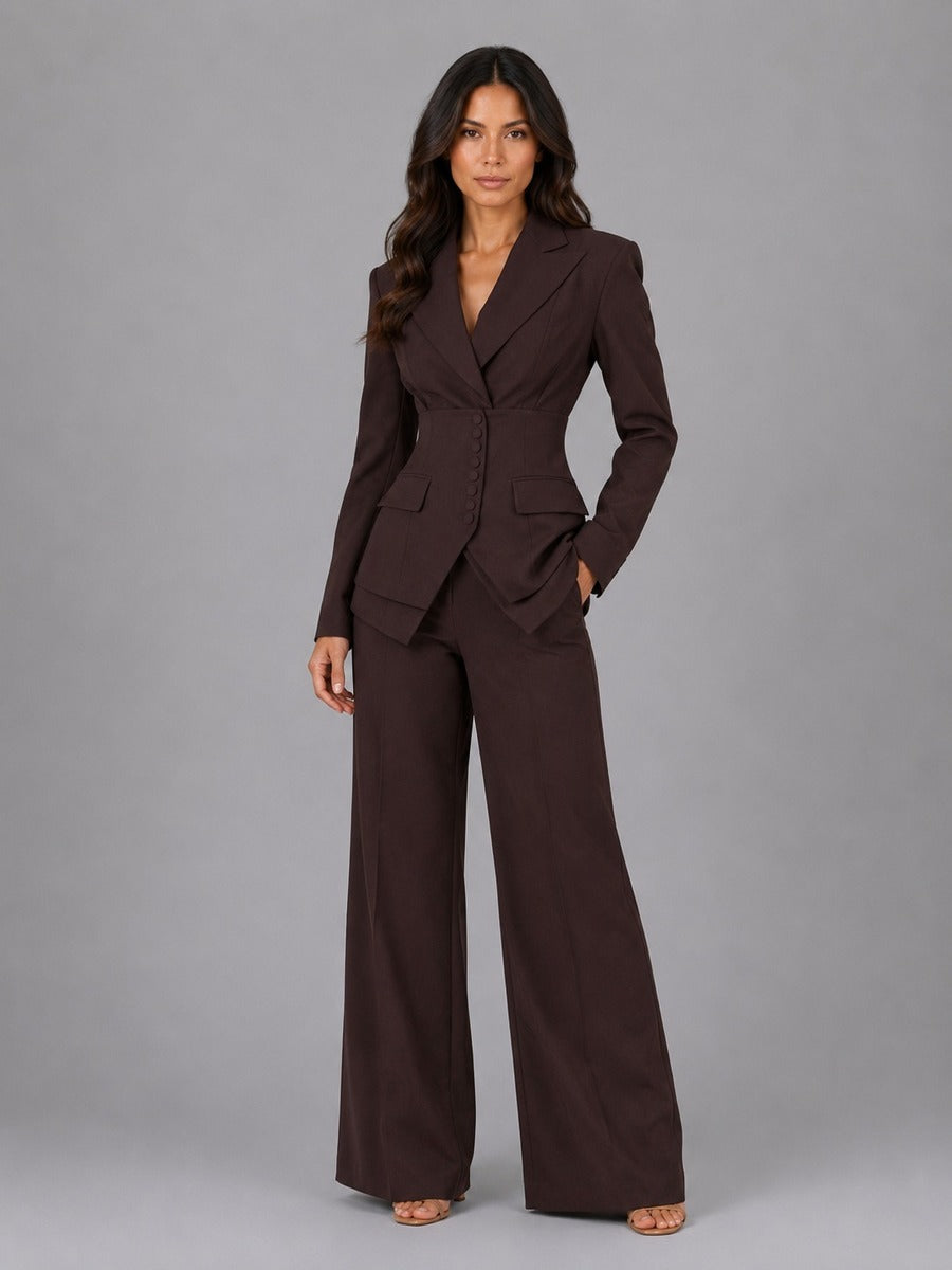 Two-Piece Suit with Nipped-Waist Blazer and Palazzo Trousers