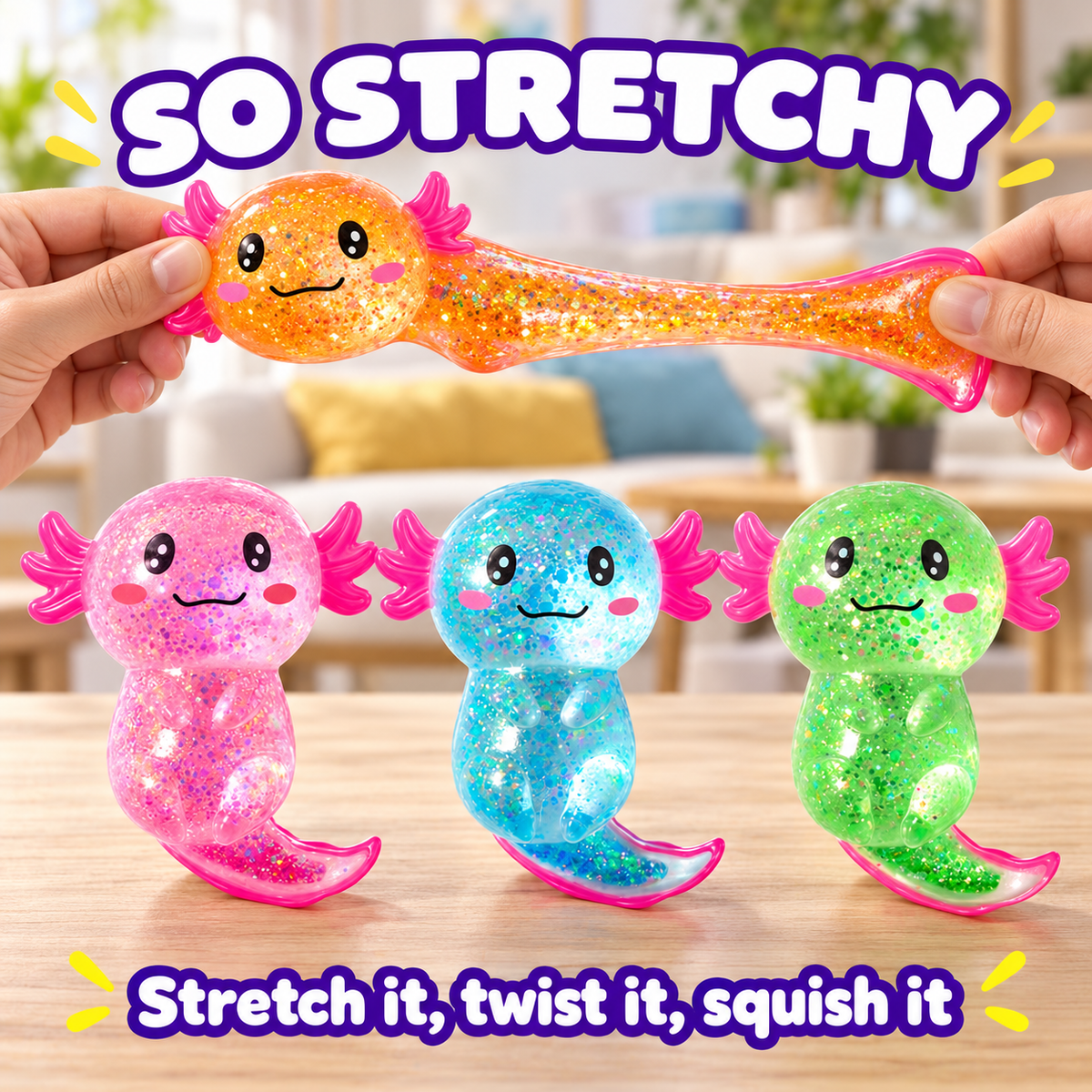 Axolotl Squishy 4-Pack, Slow Rise Glitter Stress Toys