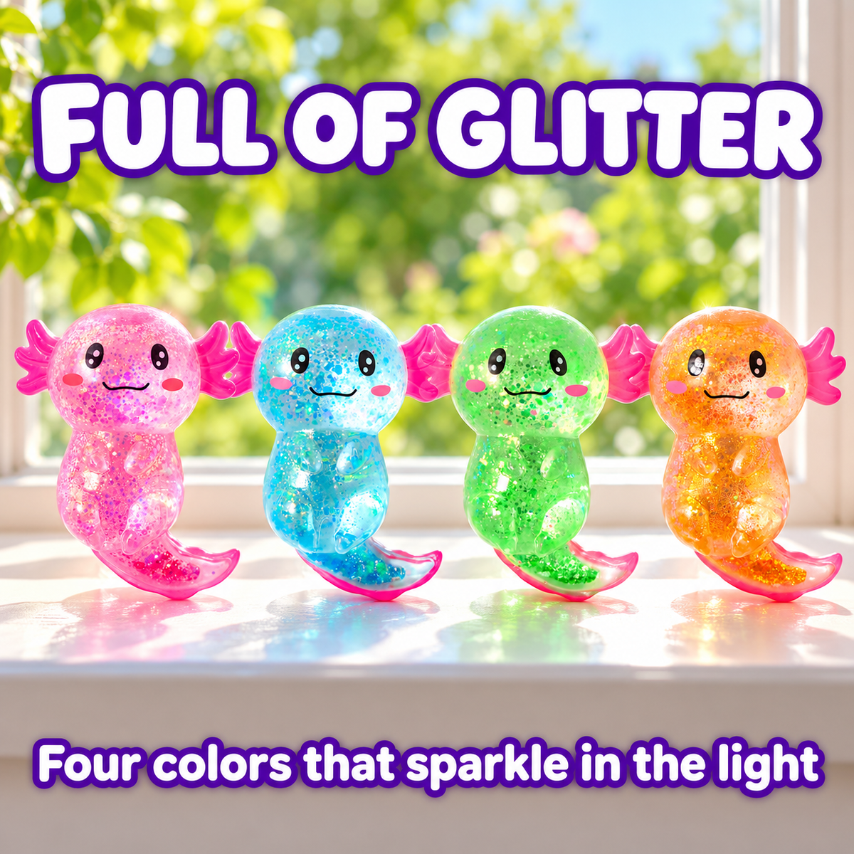 Axolotl Squishy 4-Pack, Slow Rise Glitter Stress Toys
