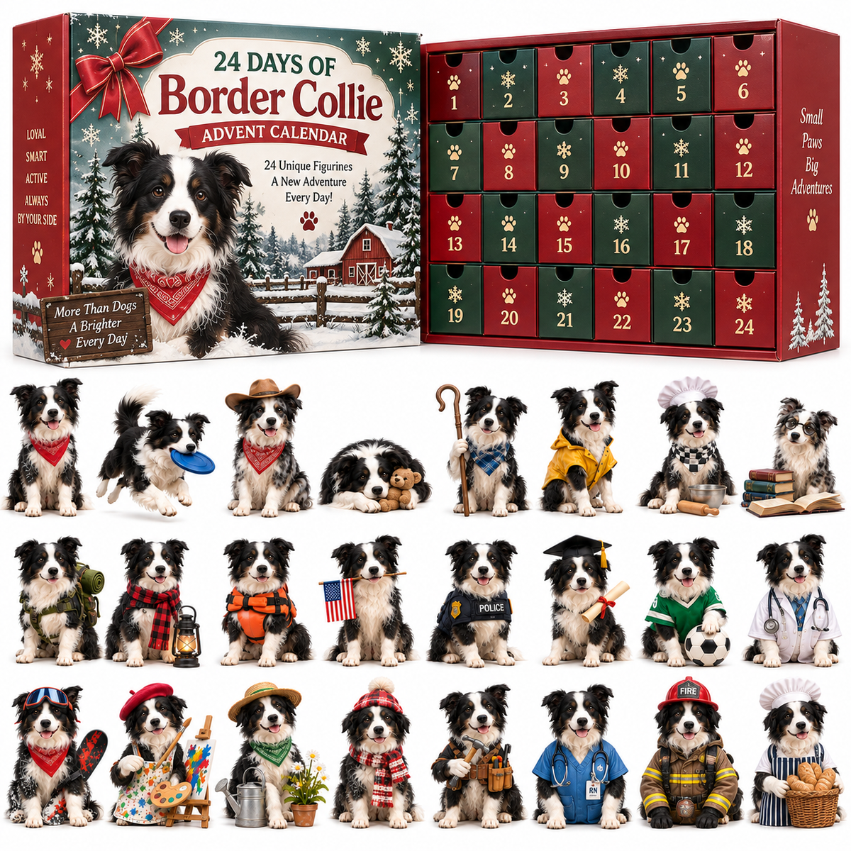 24 Days of Border Collie β 24 Unique Dog Figurines | Christmas Collectible Gift Set