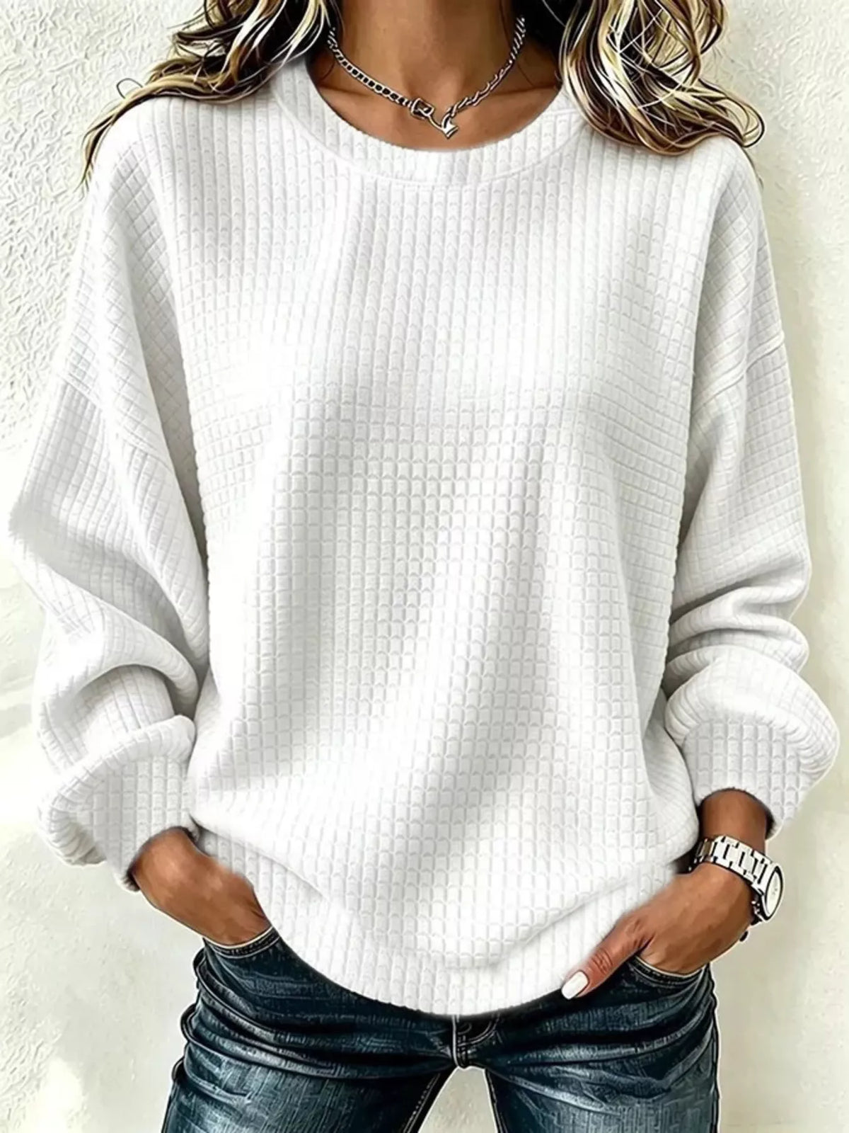 Full Size Waffle Knit Long Sleeve Crew Neck Sweatshirt Plus Size