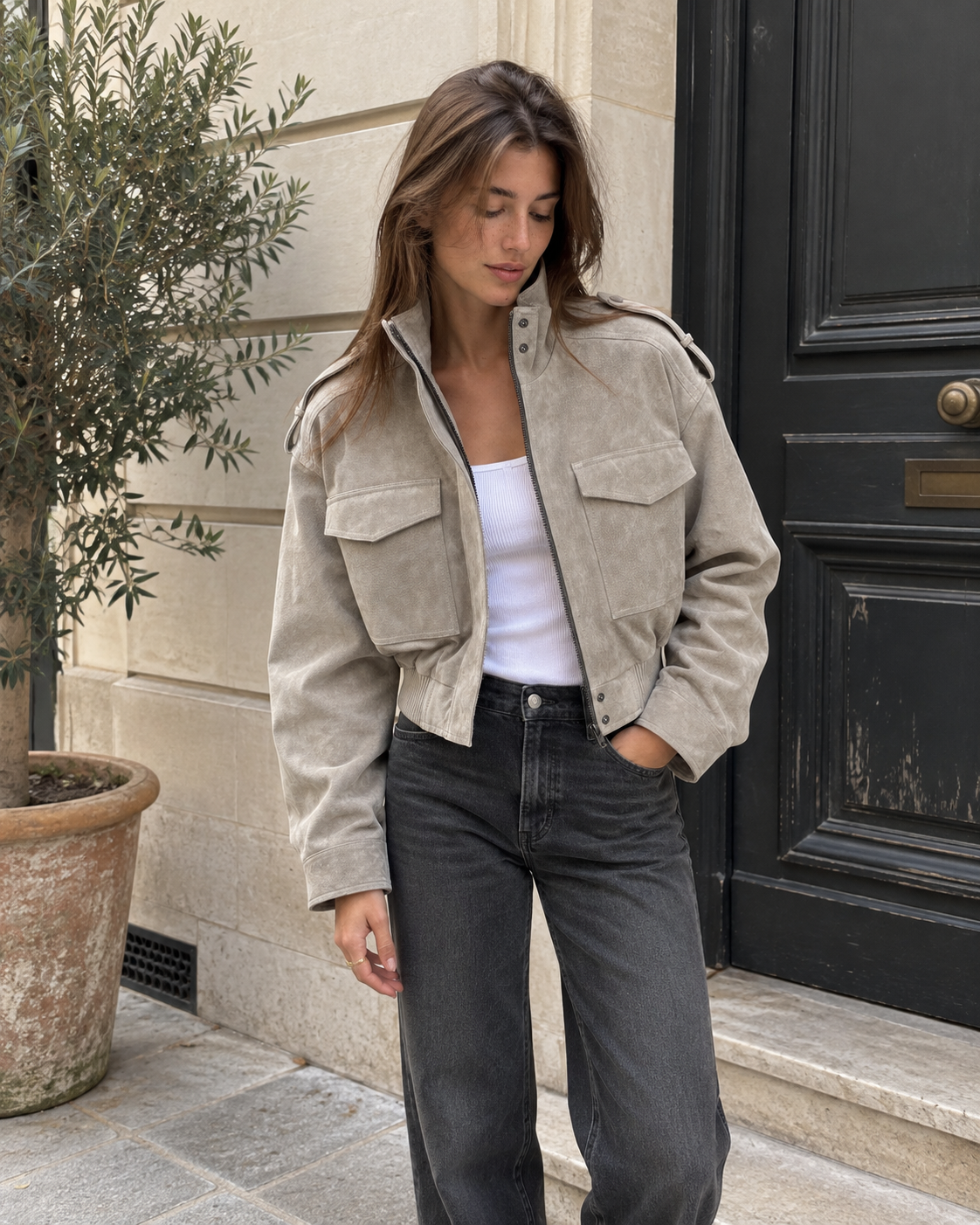 Suede Cropped Bomber Jacket in Gray