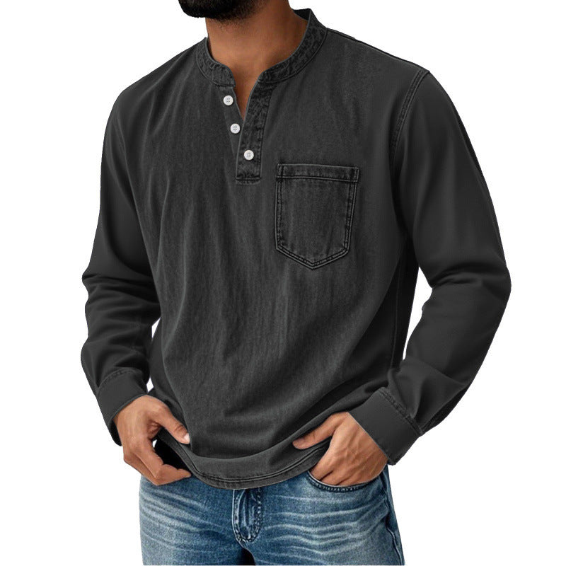 Men's Denim Shirt with Long Sleeves, V-Neck and Pocket