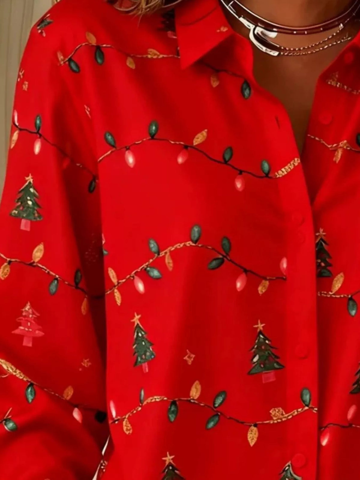 Christmas Tree Print Long Sleeve Button-Down Shirt Plus Size