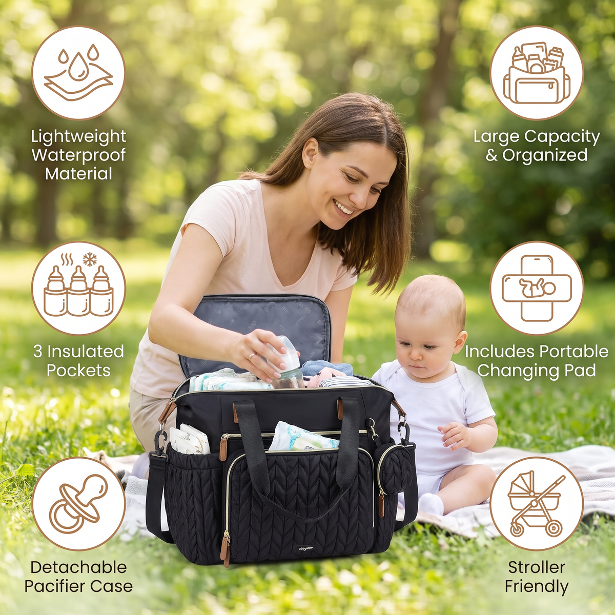 Lightweight Waterproof Diaper Tote Bag β Large Capacity with Changing Pad & Pacifier Case