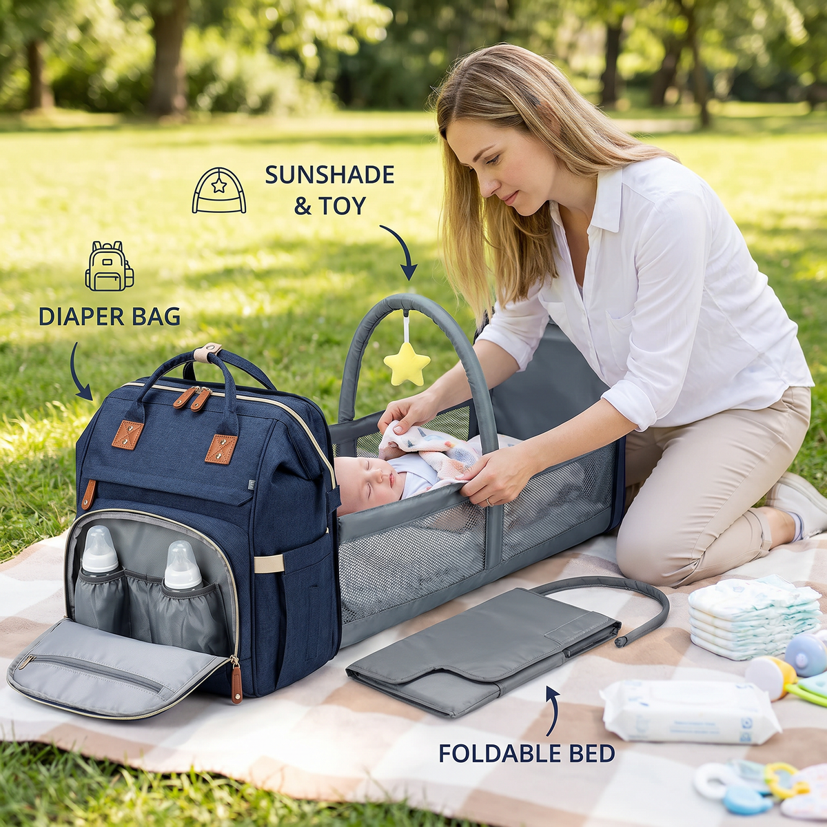 3-in-1 Travel Diaper Backpack with Foldable Baby Bed