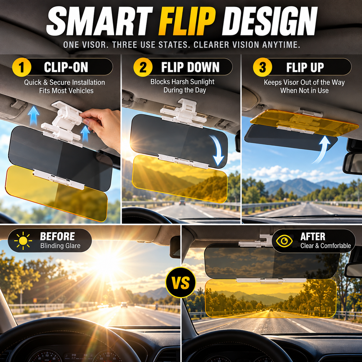 Universal HD Car Sun Visor with Anti-Glare Treatment, Day and Night Protection