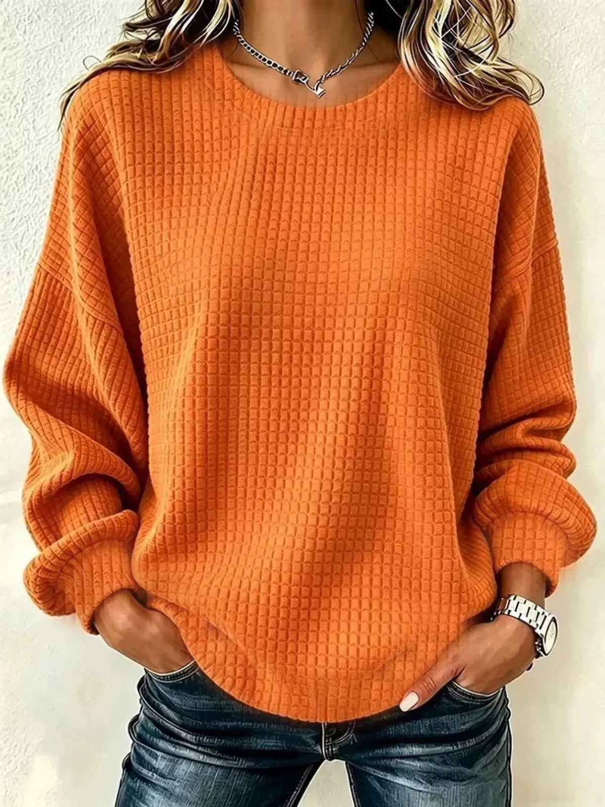 Full Size Waffle Knit Long Sleeve Crew Neck Sweatshirt Plus Size