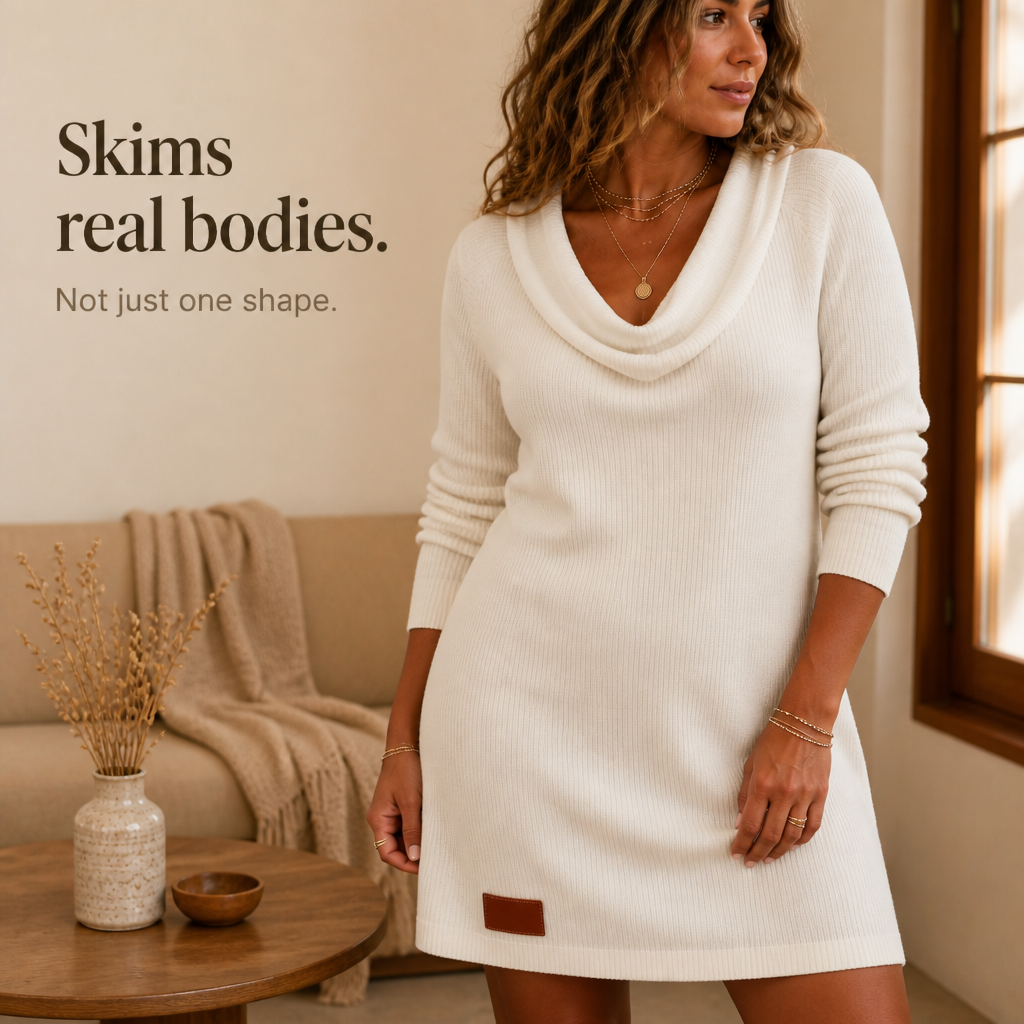 Cowl-Neck Ribbed Knit Sweater Dress
