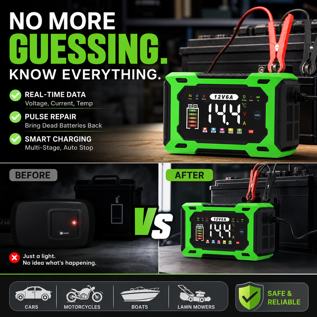 12V 6A Smart Car Battery Charger – Pulse Repair Technology, Auto Maintain & Desulfation