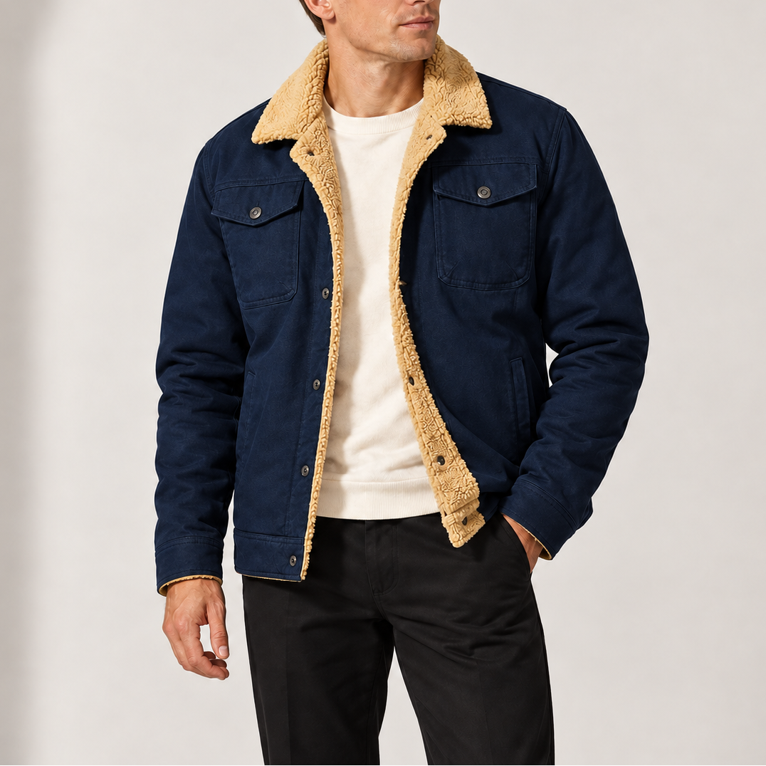 Men's Sherpa-Lined Trucker Jacket with Fleece Collar and Chest Pockets