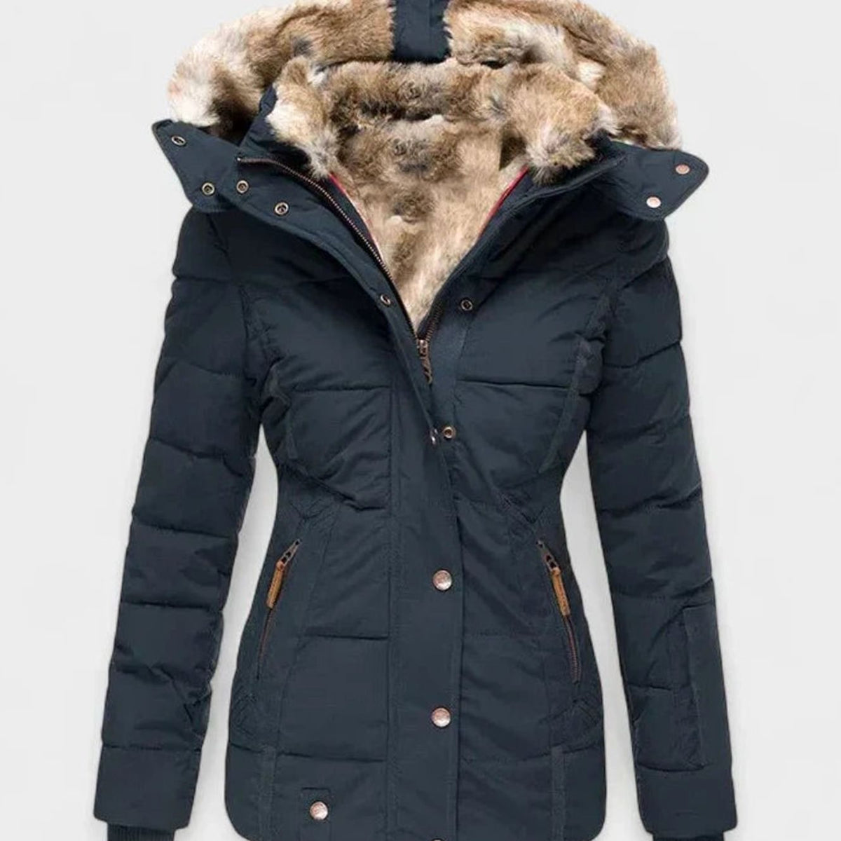 Marlene Women's Lined Winter Jacket with Faux Fur Hood and Waist
